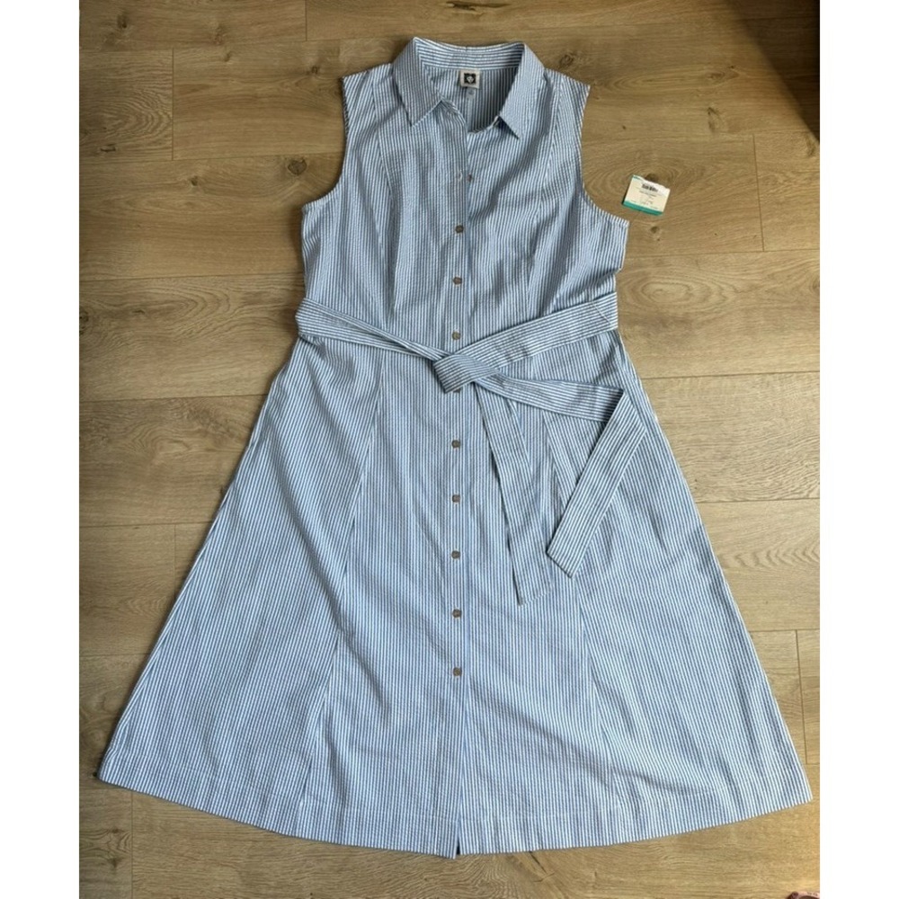NWT Anne Klein Belted Blue white Striped Seersucker Shirt Dress $119- size 16